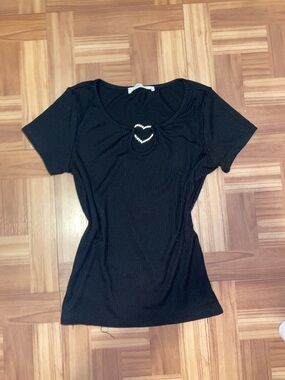 Black Short-Sleeve Ribbed Top with Rhinestone Heart